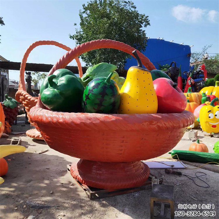 景觀果籃雕塑承接，景區(qū)案例，景觀不銹鋼果籃雕塑定制