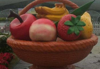 景觀果籃雕塑批發(fā)，彩繪工藝，景觀玻璃鋼果籃雕塑承接