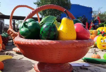 景觀果籃雕塑承接，景區(qū)案例，景觀不銹鋼果籃雕塑定制