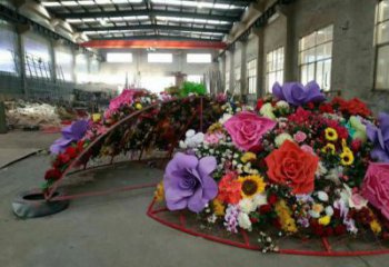 鋼鑄花籃雕塑定價，街頭雕塑，烤漆葵花花籃雕塑定價