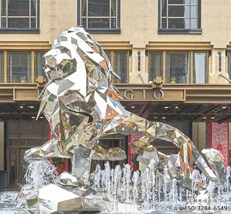幾何鏡面獅子雕塑，切面工藝，不銹鋼獅子雕塑承接