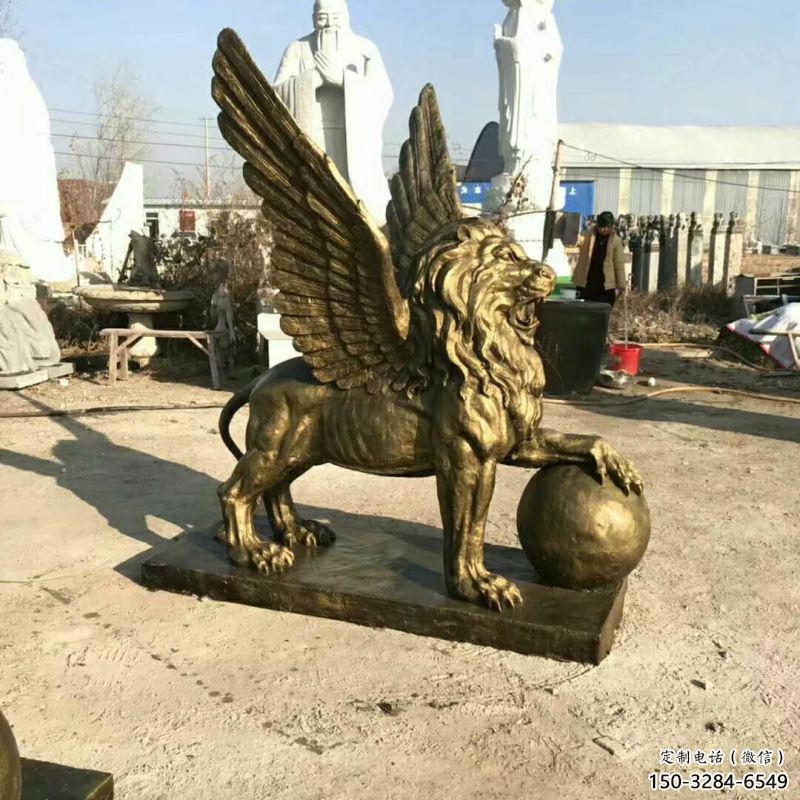 抽象獅子雕塑制造，動(dòng)物美陳雕塑，仿銅飛獅雕塑展品