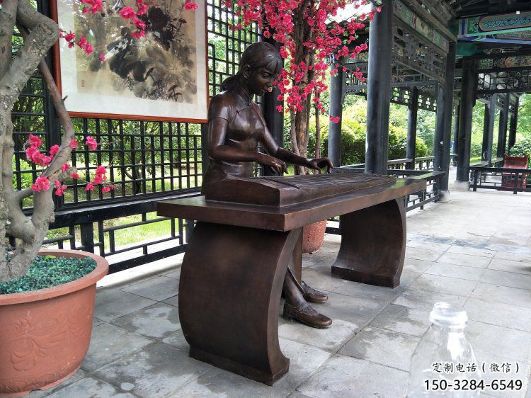 彈古箏雕塑供給，戶外雕塑，景觀民俗人物雕塑選用