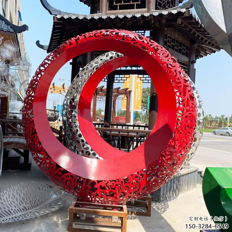 雙環(huán)雕塑生產(chǎn)，鏤空烤漆工藝，不銹鋼雙環(huán)雕塑制作