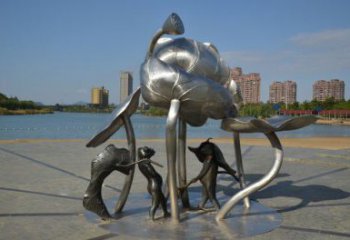 深圳蓮蓬嬉戲雕塑，城市植物景觀雕塑，不銹鋼鏡面效果